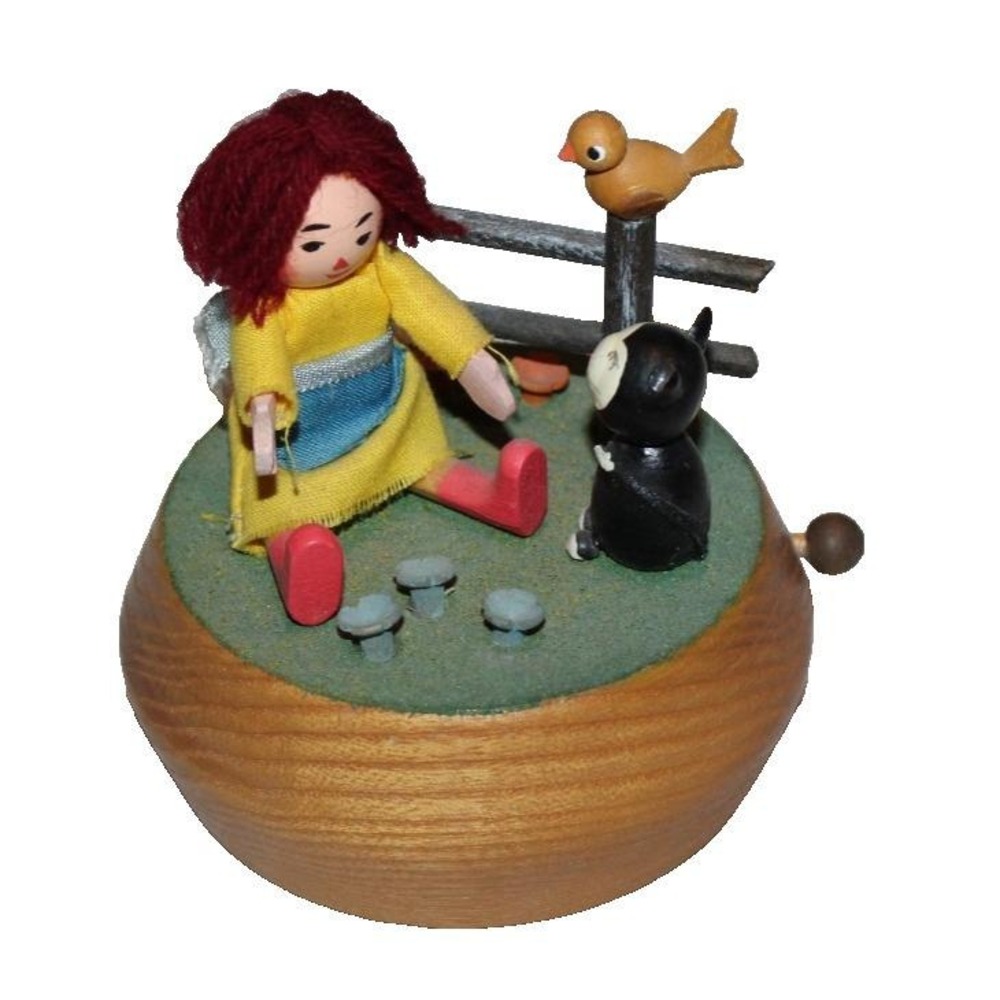 VTG ANRI wood music box Love Story girl with cat & bird on fence yarn hair WORKS